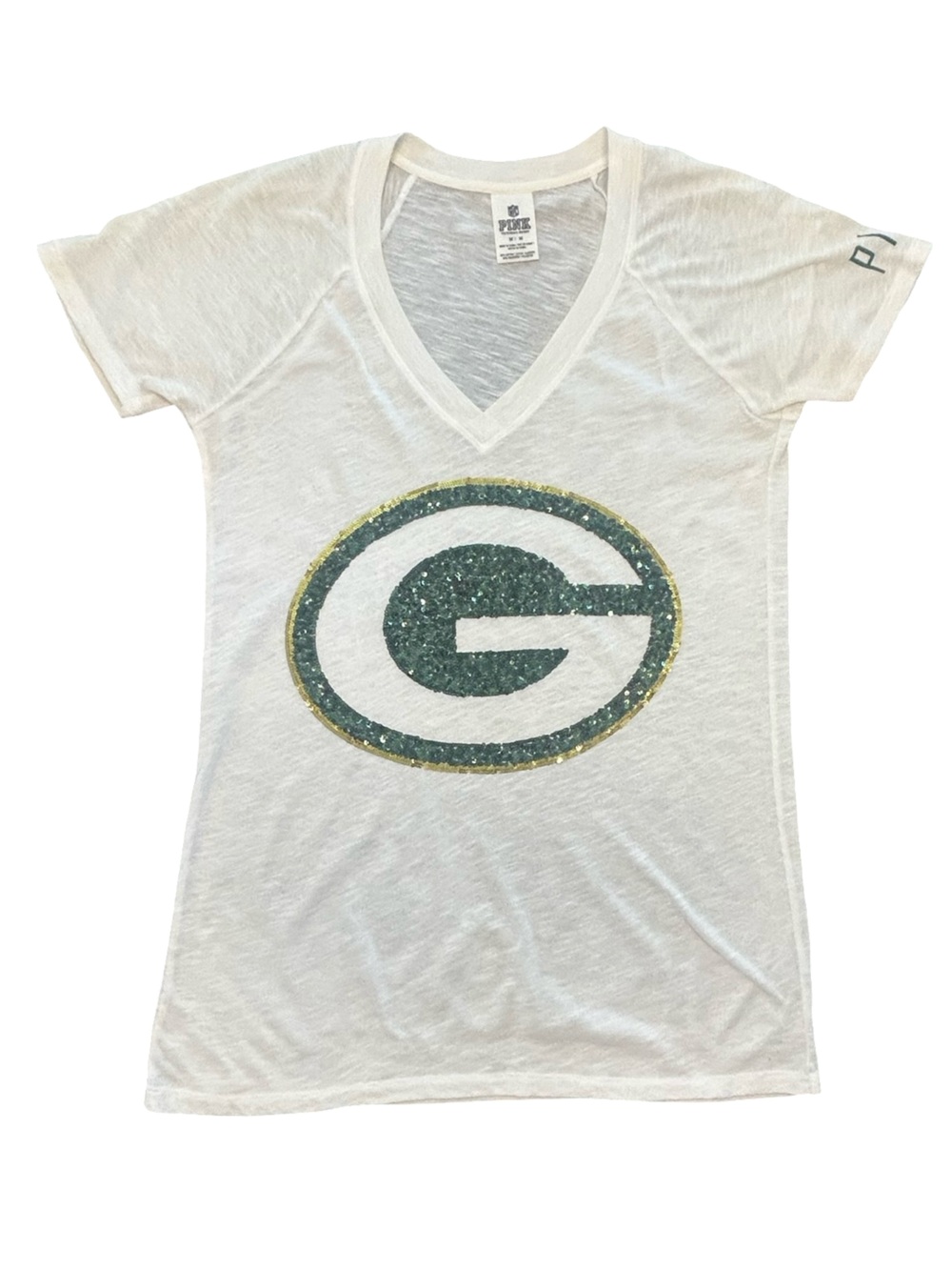 Victoria’s Secret PINK NFL collab Green Bay Packers soft v-neck bling logo tee M